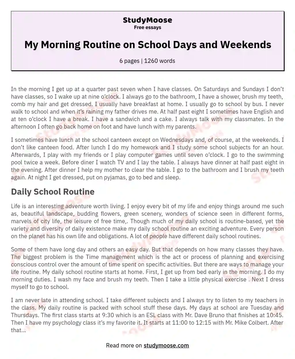 My Morning Routine on School Days and Weekends essay