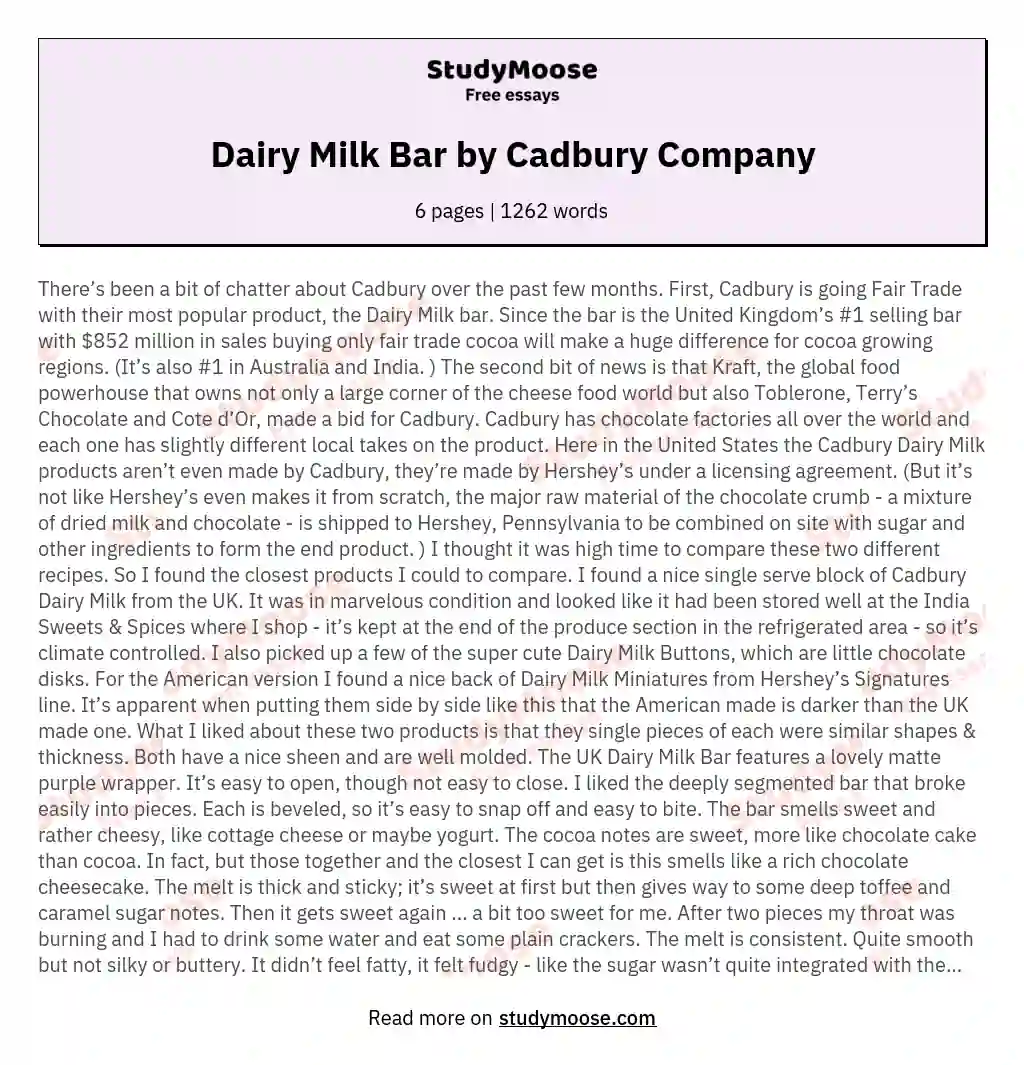 Dairy Milk Bar by Cadbury Company essay