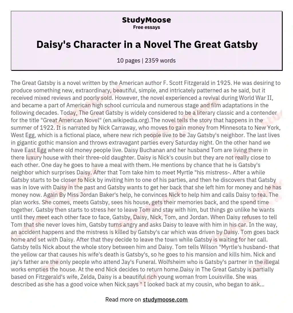 Daisy's Character in a Novel The Great Gatsby essay