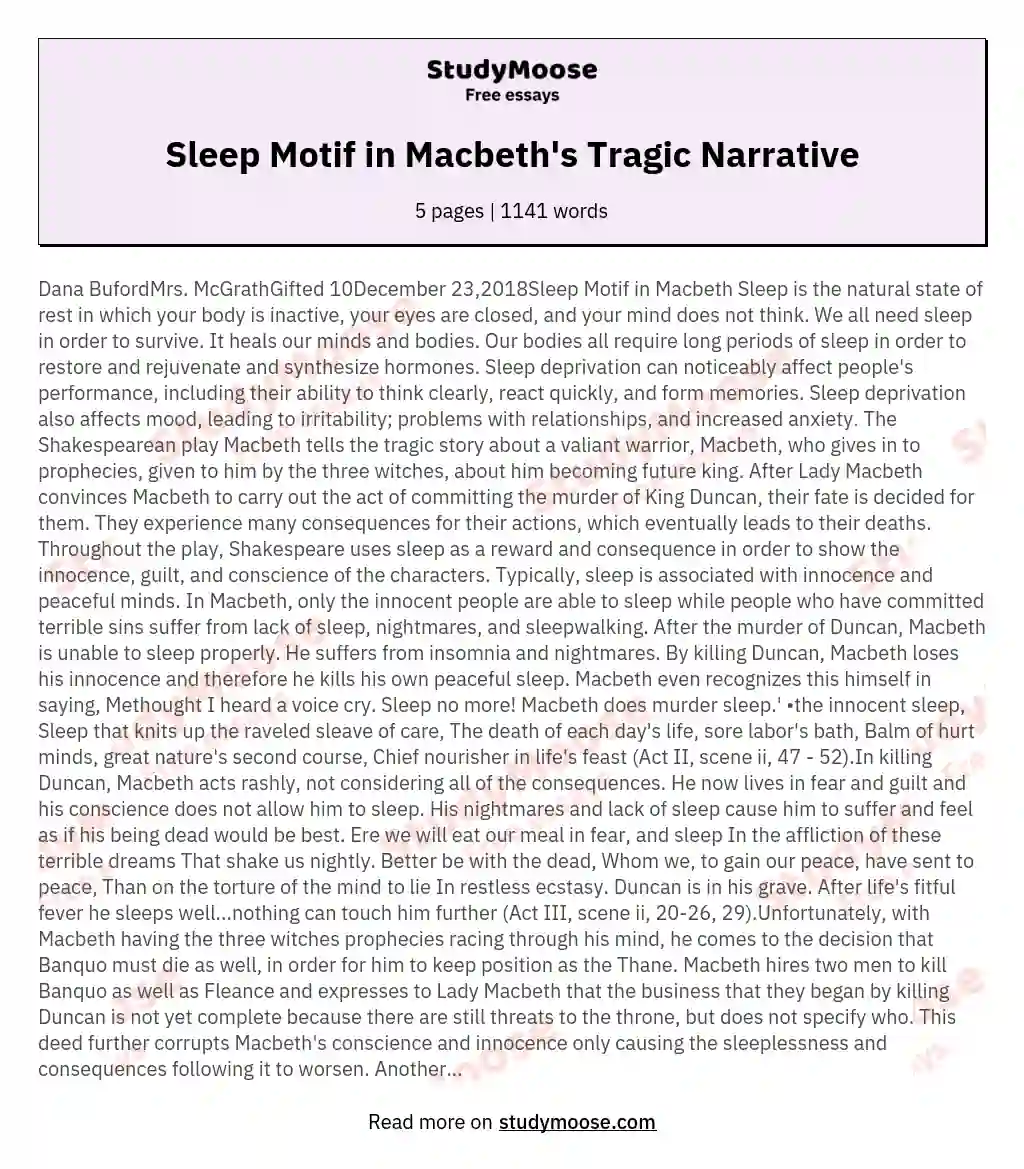 Sleep Motif in Macbeth's Tragic Narrative essay