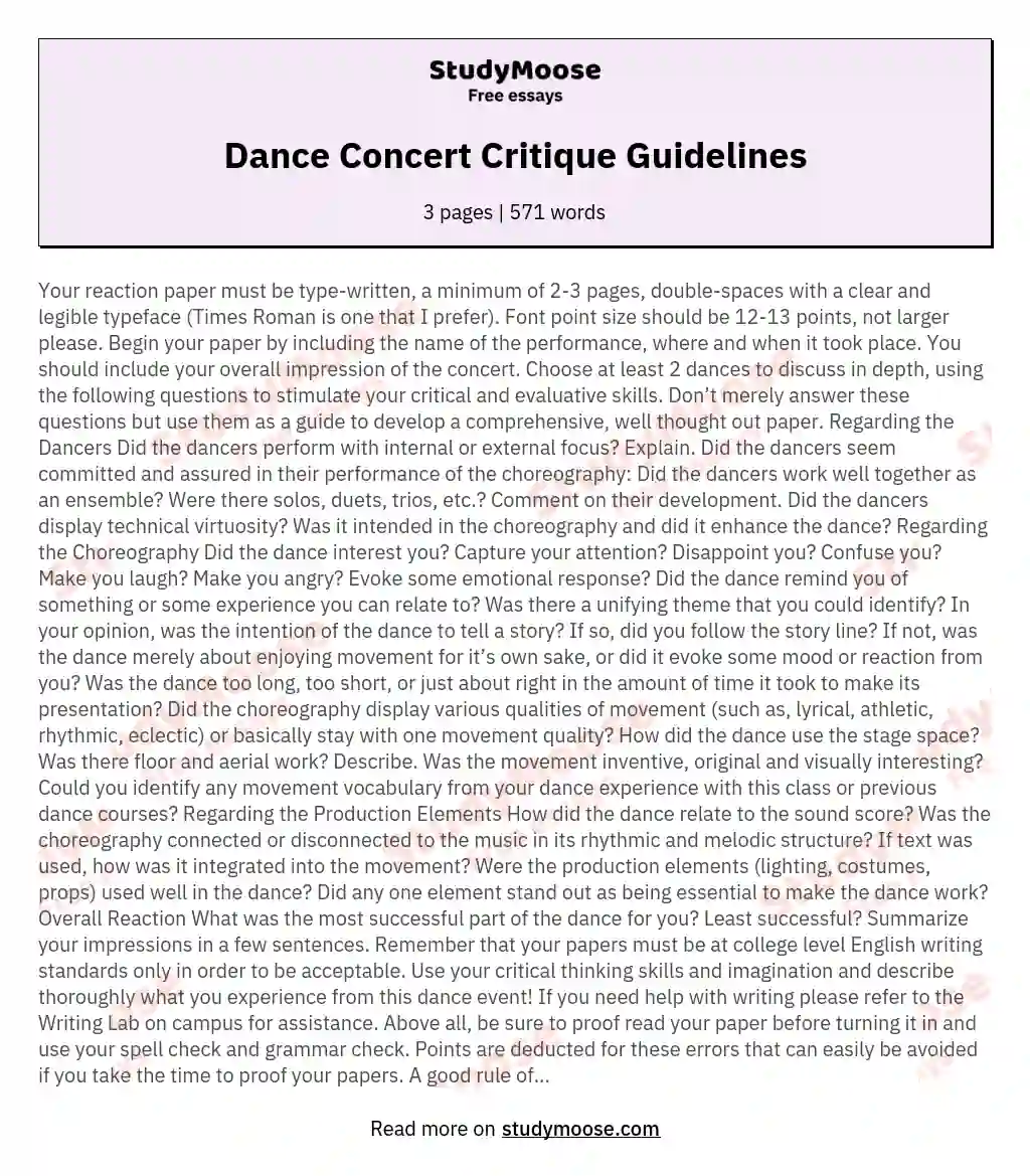 Dance Concert Critique Guidelines essay