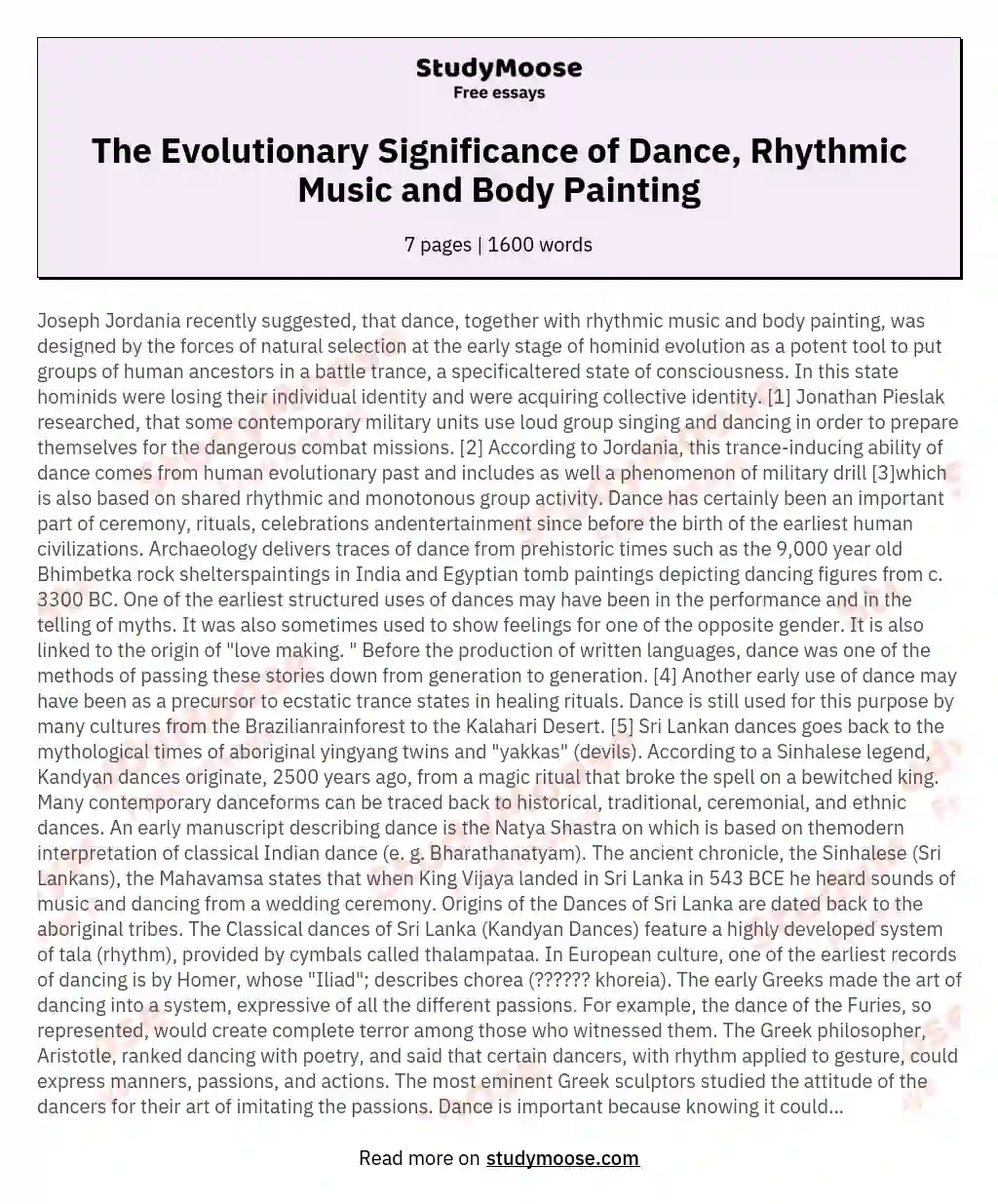 The Evolutionary Significance of Dance, Rhythmic Music and Body Painting essay