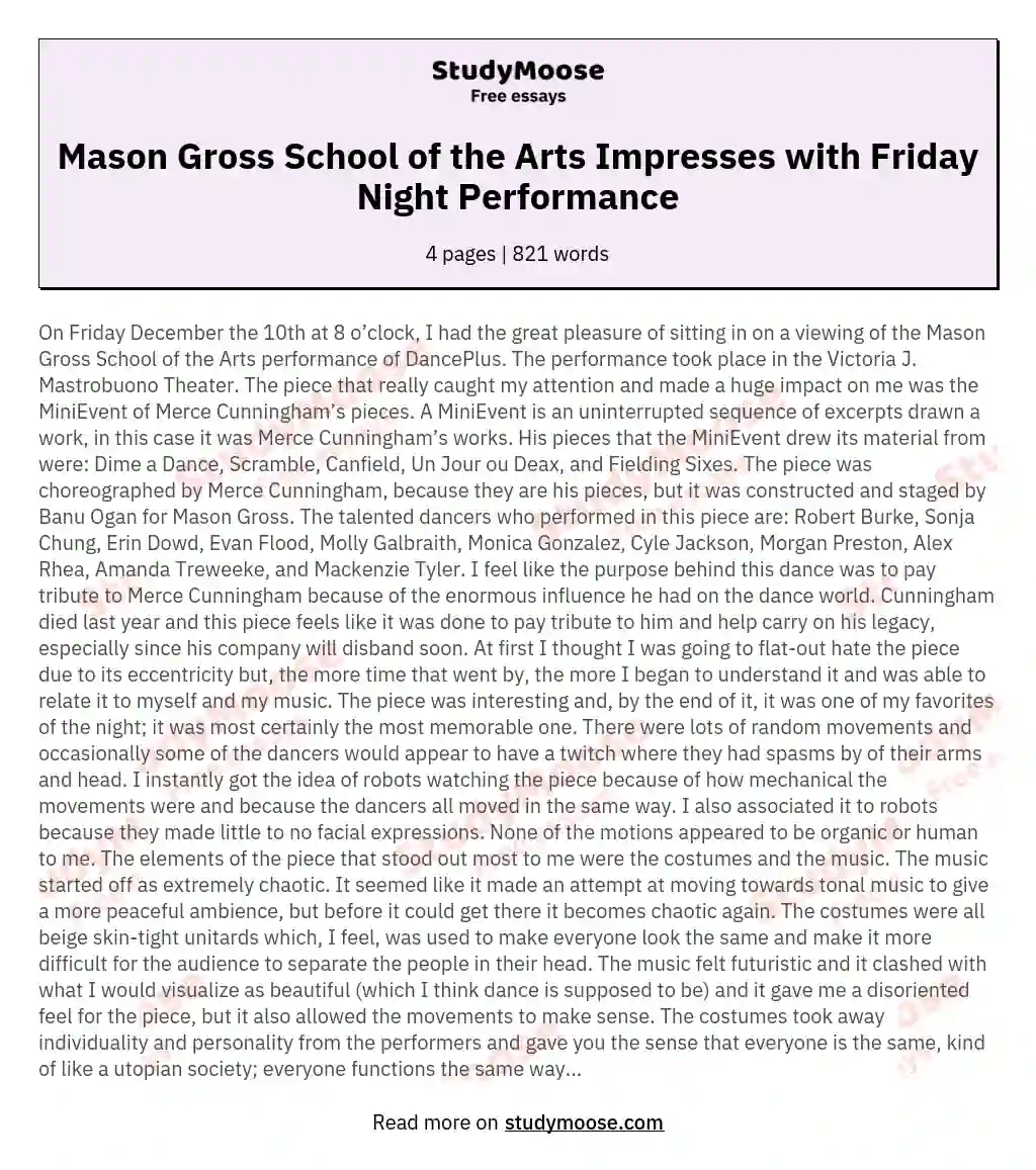 Mason Gross School of the Arts Impresses with Friday Night Performance essay