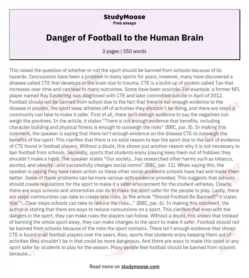 Danger of Football to the Human Brain essay