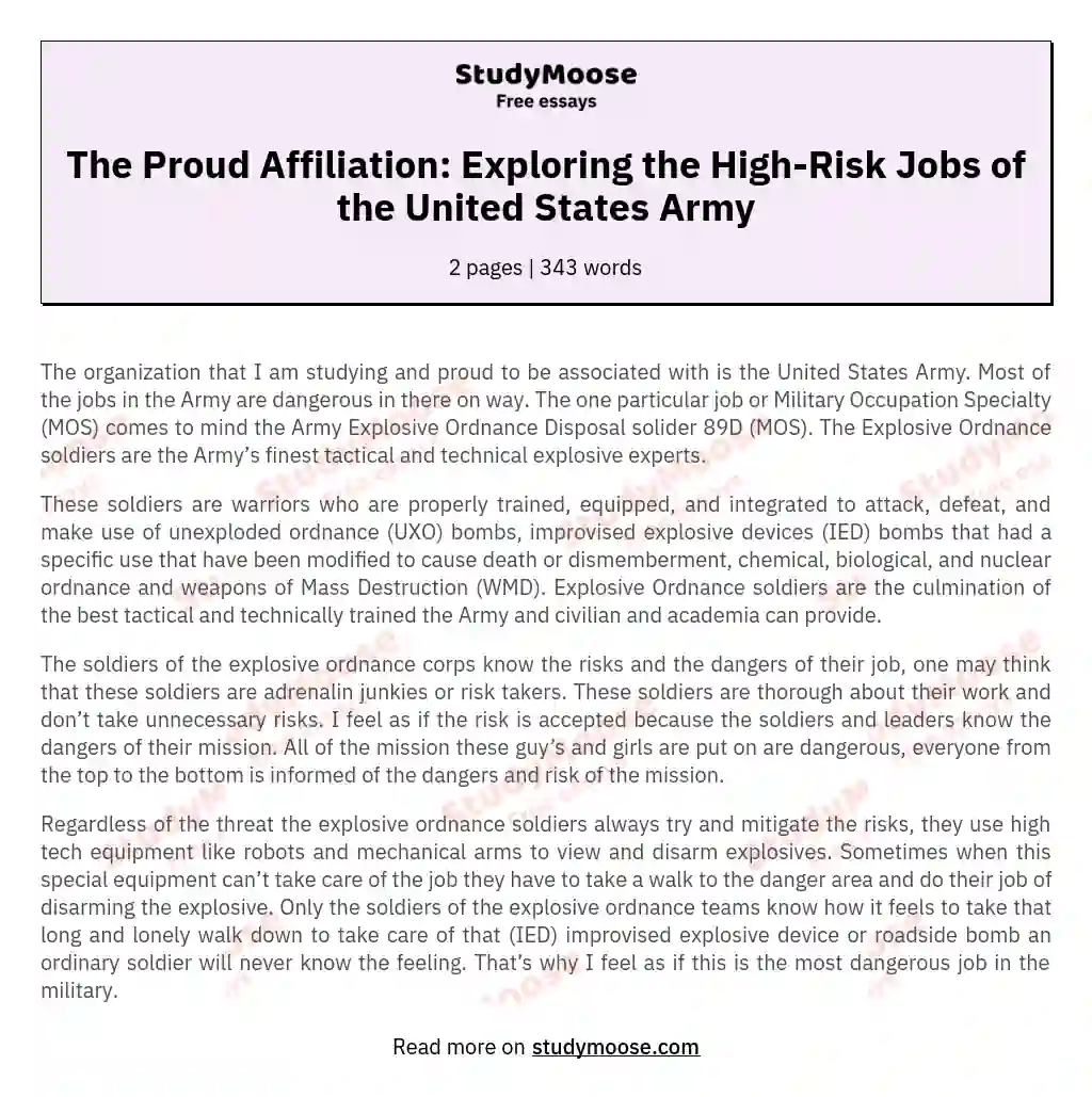 The Proud Affiliation: Exploring the High-Risk Jobs of the United States Army essay