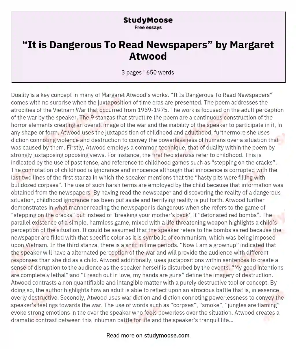 “It is Dangerous To Read Newspapers” by Margaret Atwood essay