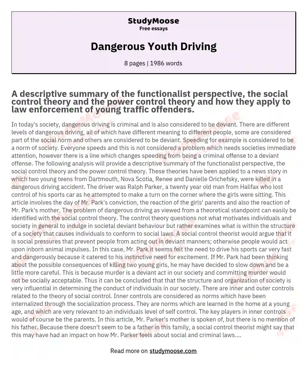 Dangerous Youth Driving essay