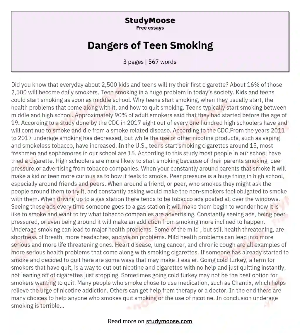 Dangers of Teen Smoking essay