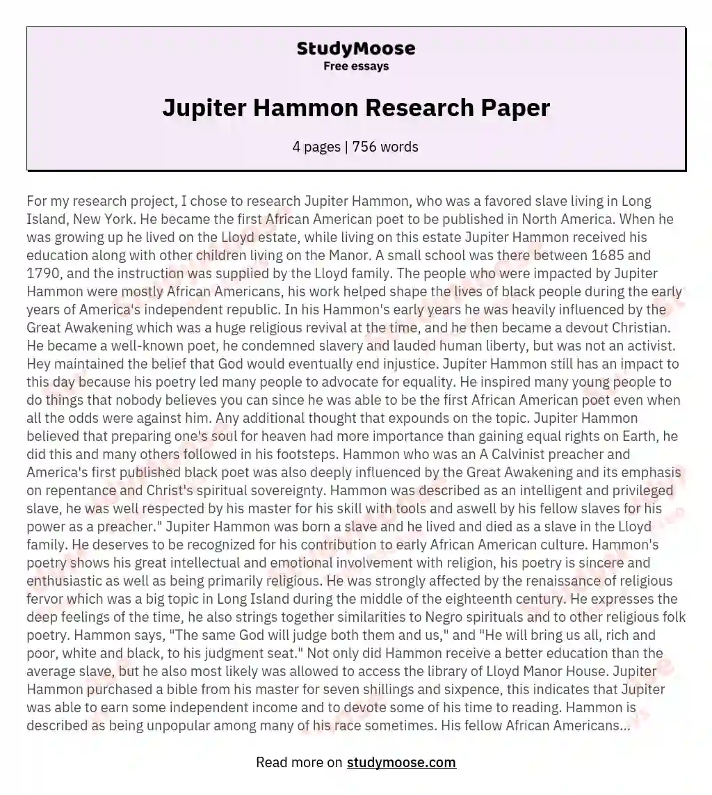 Jupiter Hammon Research Paper essay