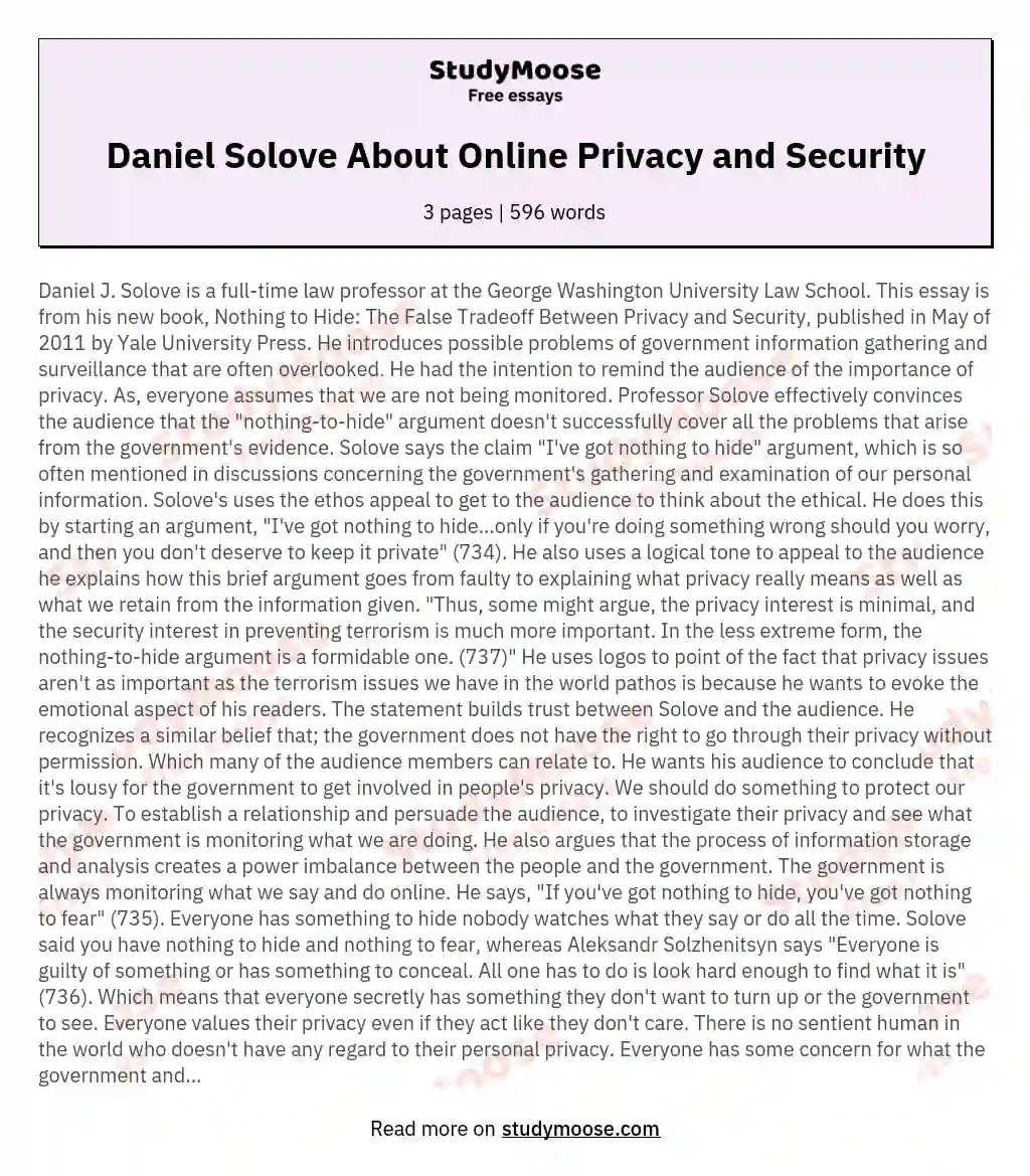 Daniel Solove About Online Privacy and Security essay