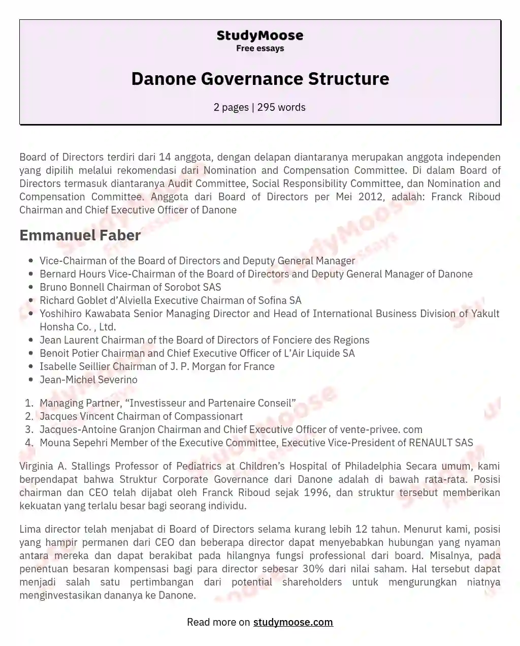 Danone Governance Structure essay