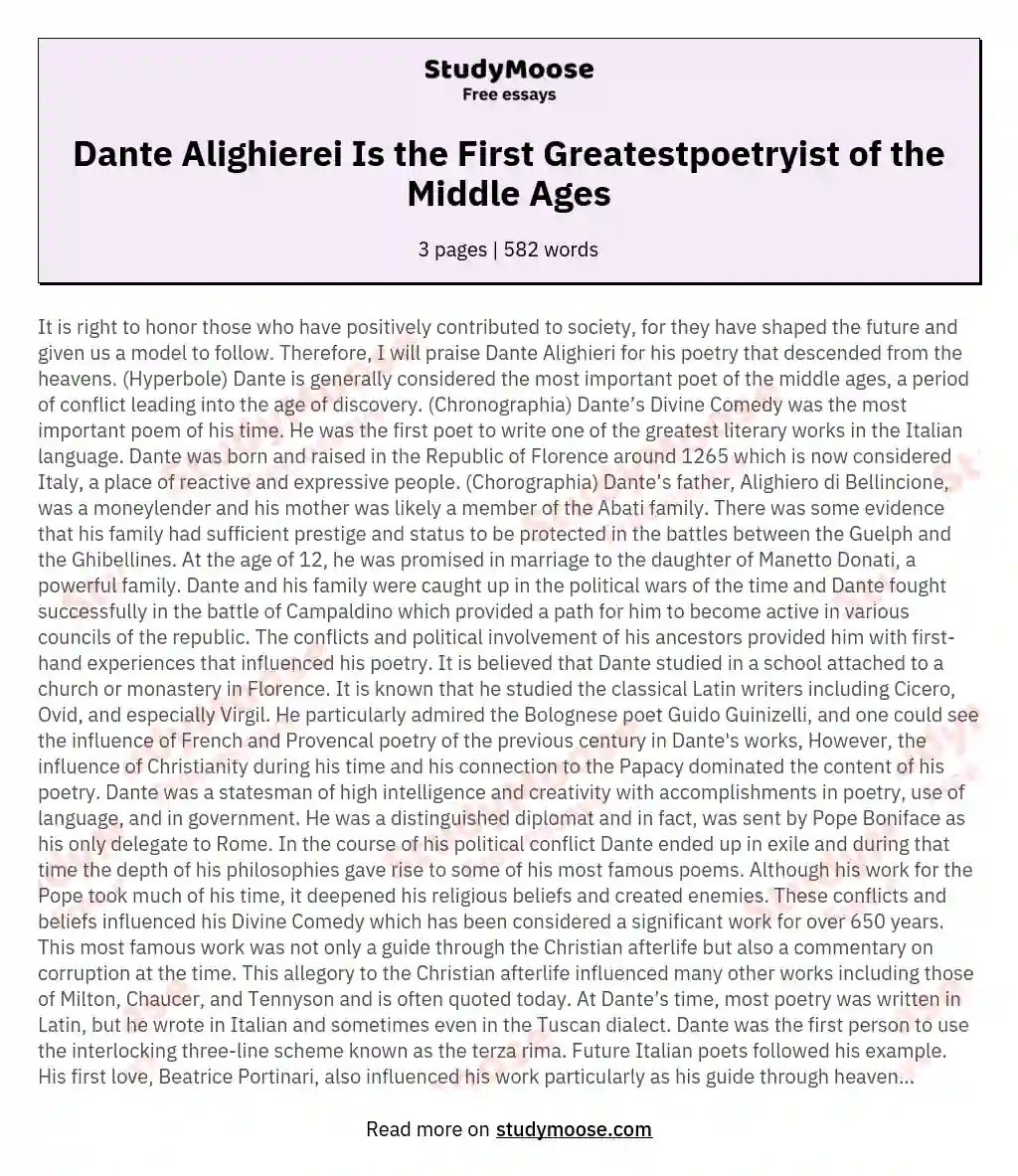 Dante Alighierei Is the First Greatestpoetryist of the Middle Ages essay