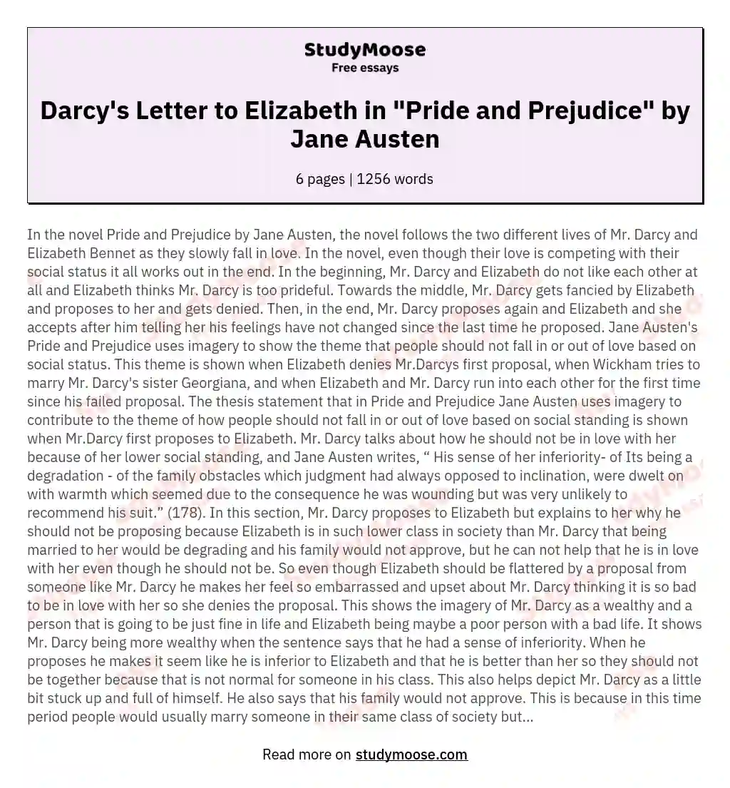 Darcy's Letter to Elizabeth in "Pride and Prejudice" by Jane Austen essay