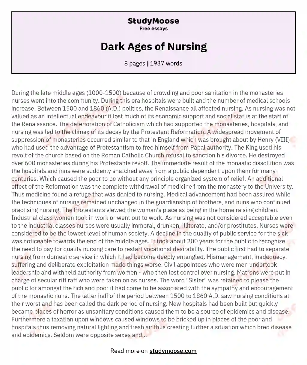 Dark Ages of Nursing essay