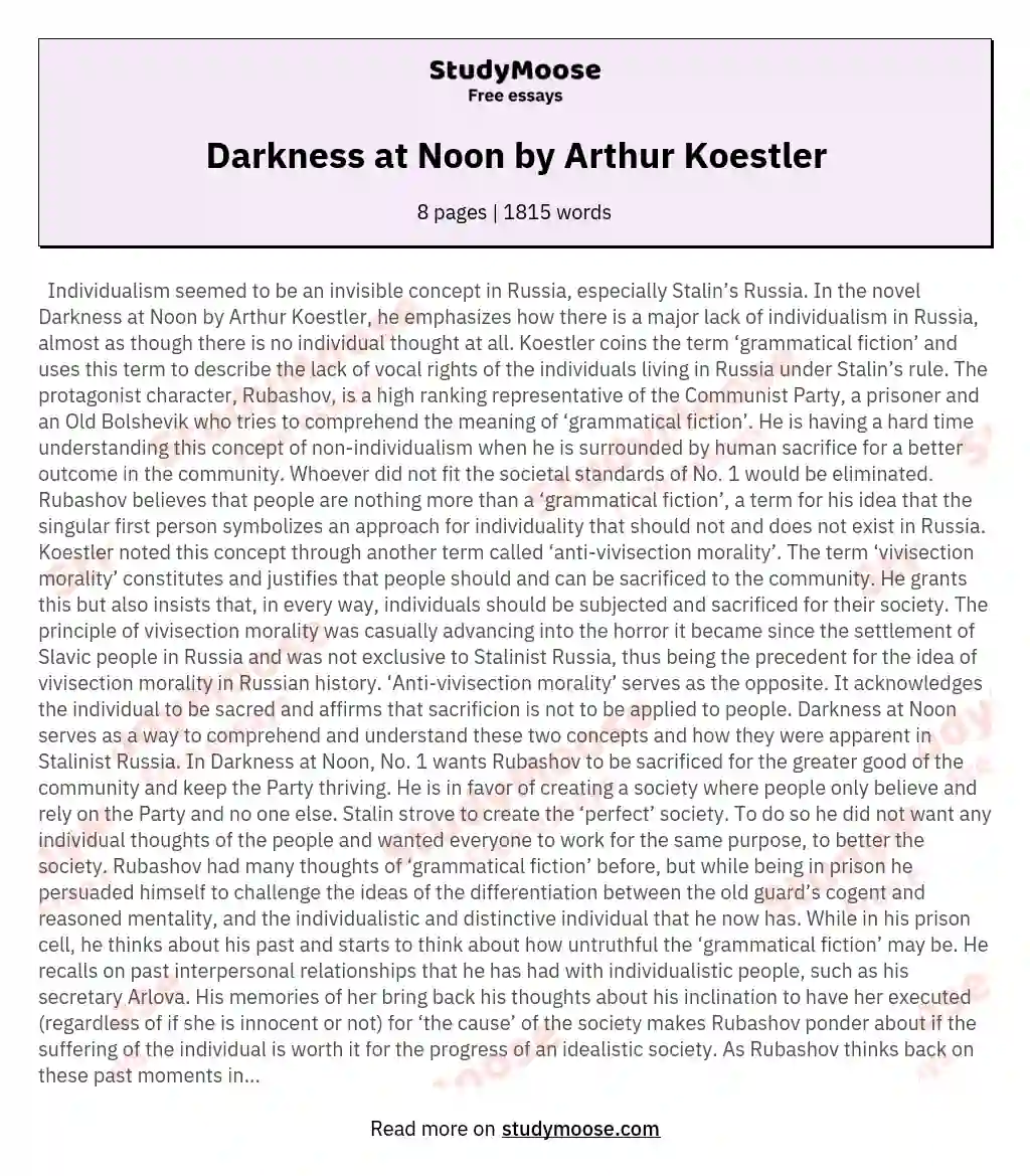 Darkness at Noon by Arthur Koestler essay
