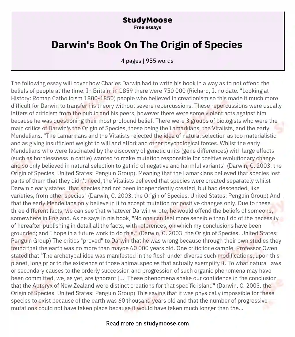 Darwin's Book On The Origin of Species  essay