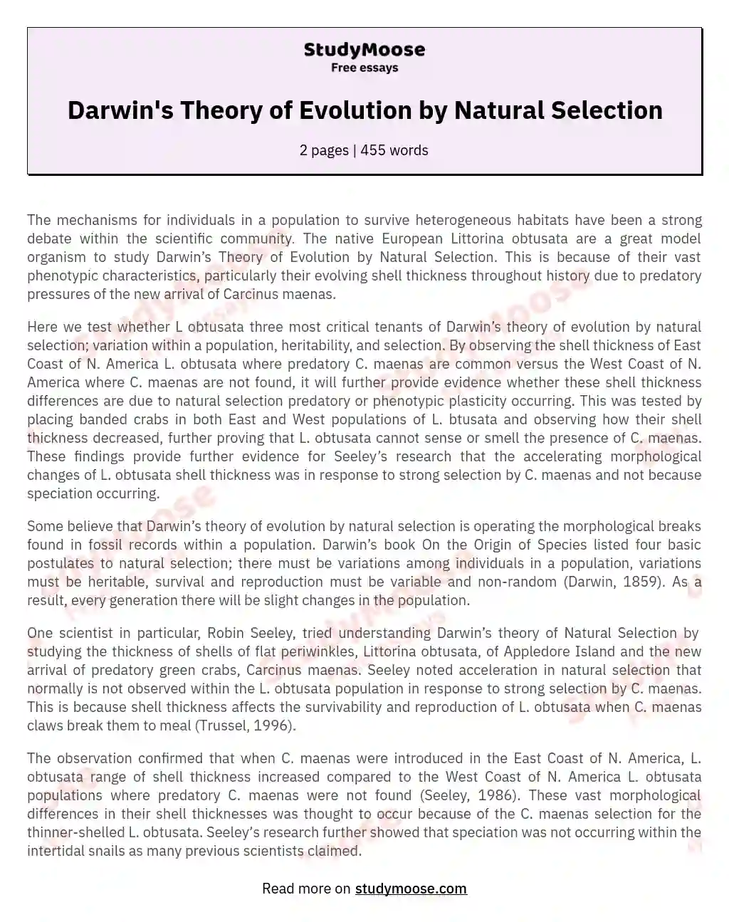 Darwin's Theory of Evolution by Natural Selection essay