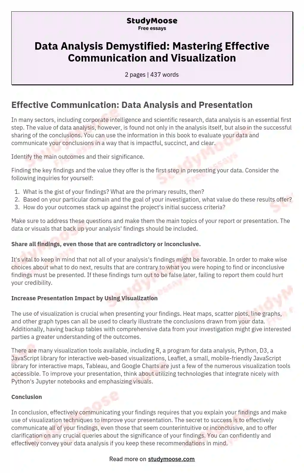 Data Analysis Demystified: Mastering Effective Communication and Visualization essay