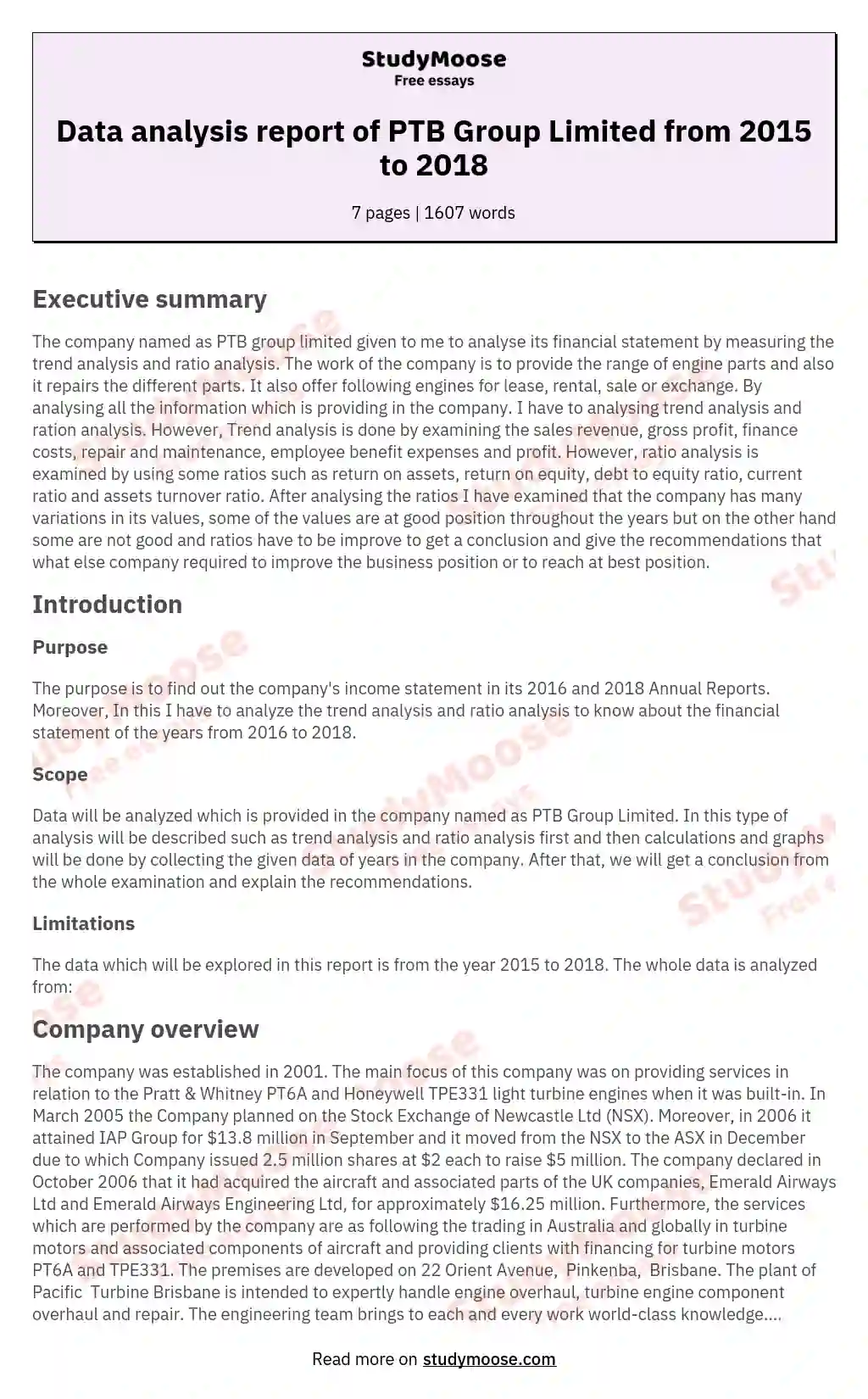 Data analysis report of PTB Group Limited from 2015 to 2018 essay