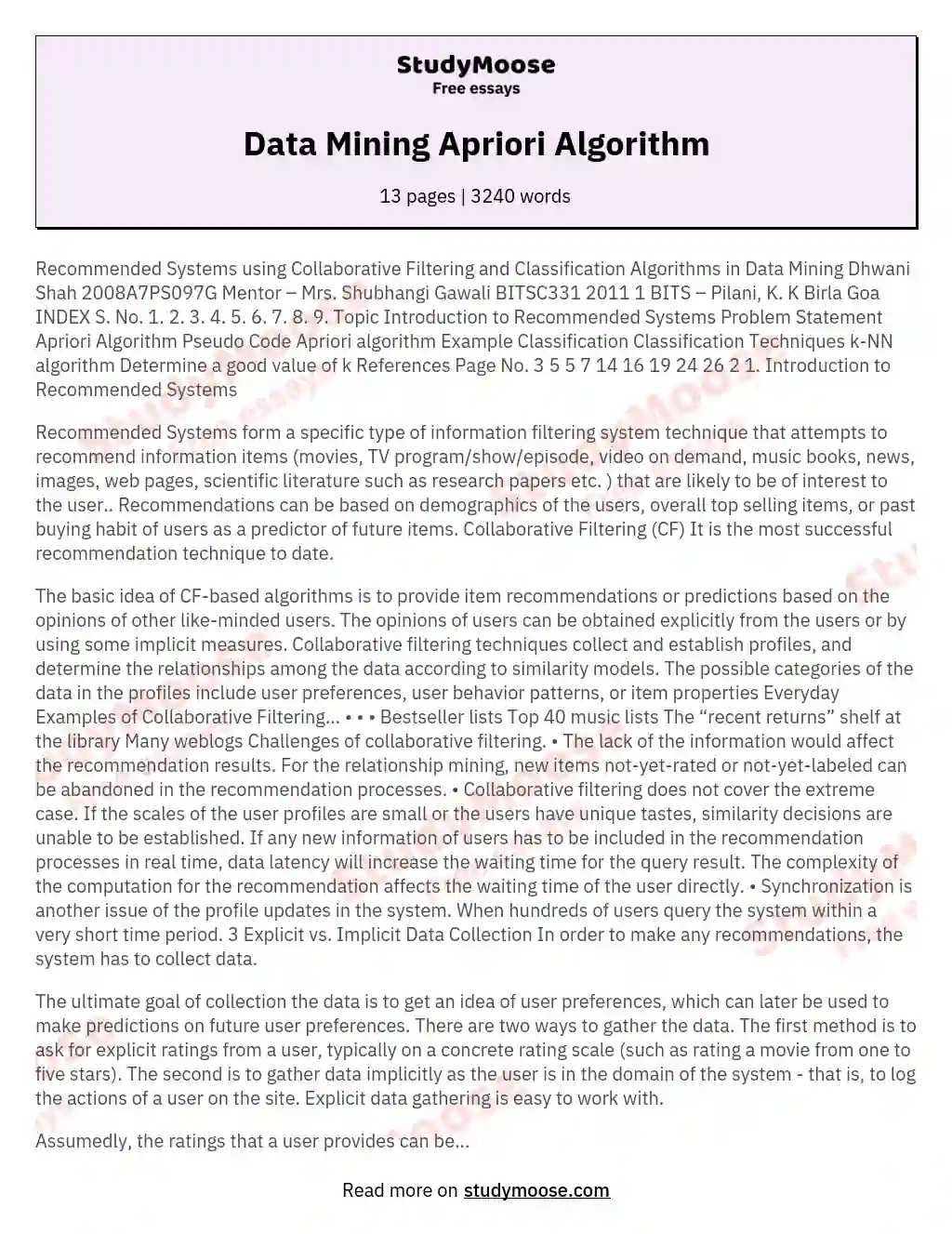Data Mining Apriori Algorithm essay