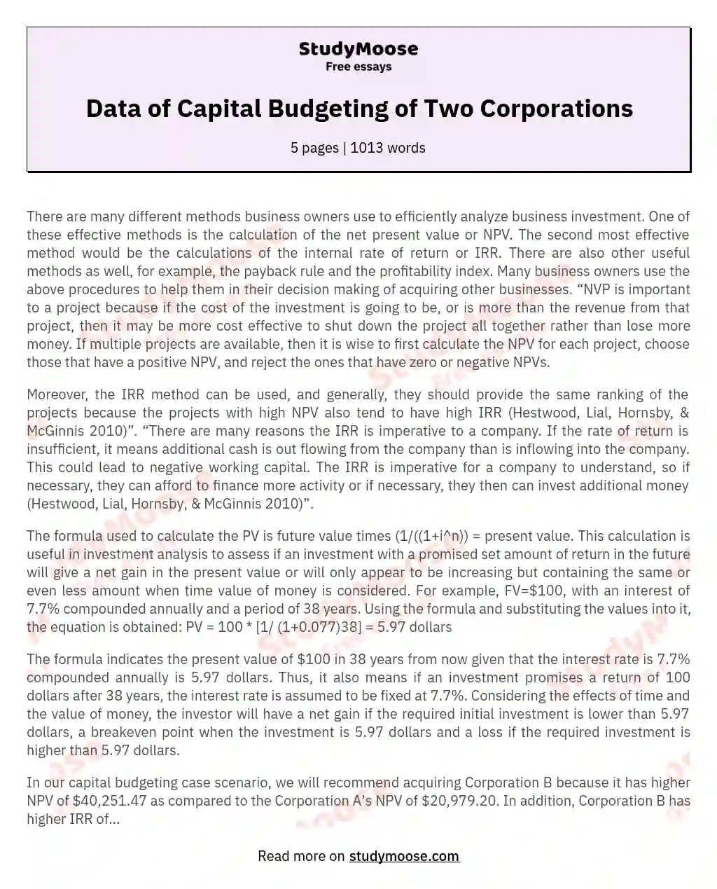 Data of Capital Budgeting of Two Corporations