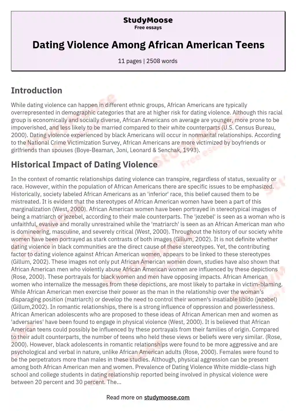 Dating Violence Among African American Teens essay