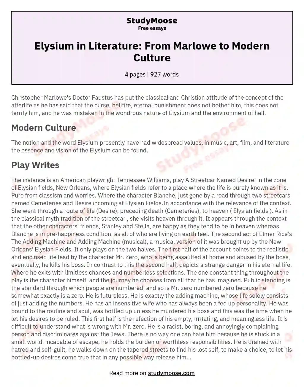 Elysium in Literature: From Marlowe to Modern Culture essay