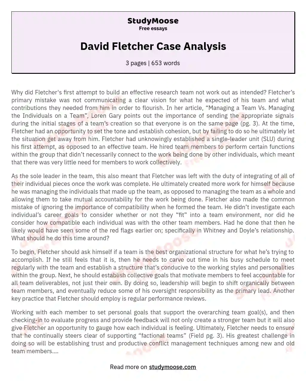 David Fletcher Case Analysis essay