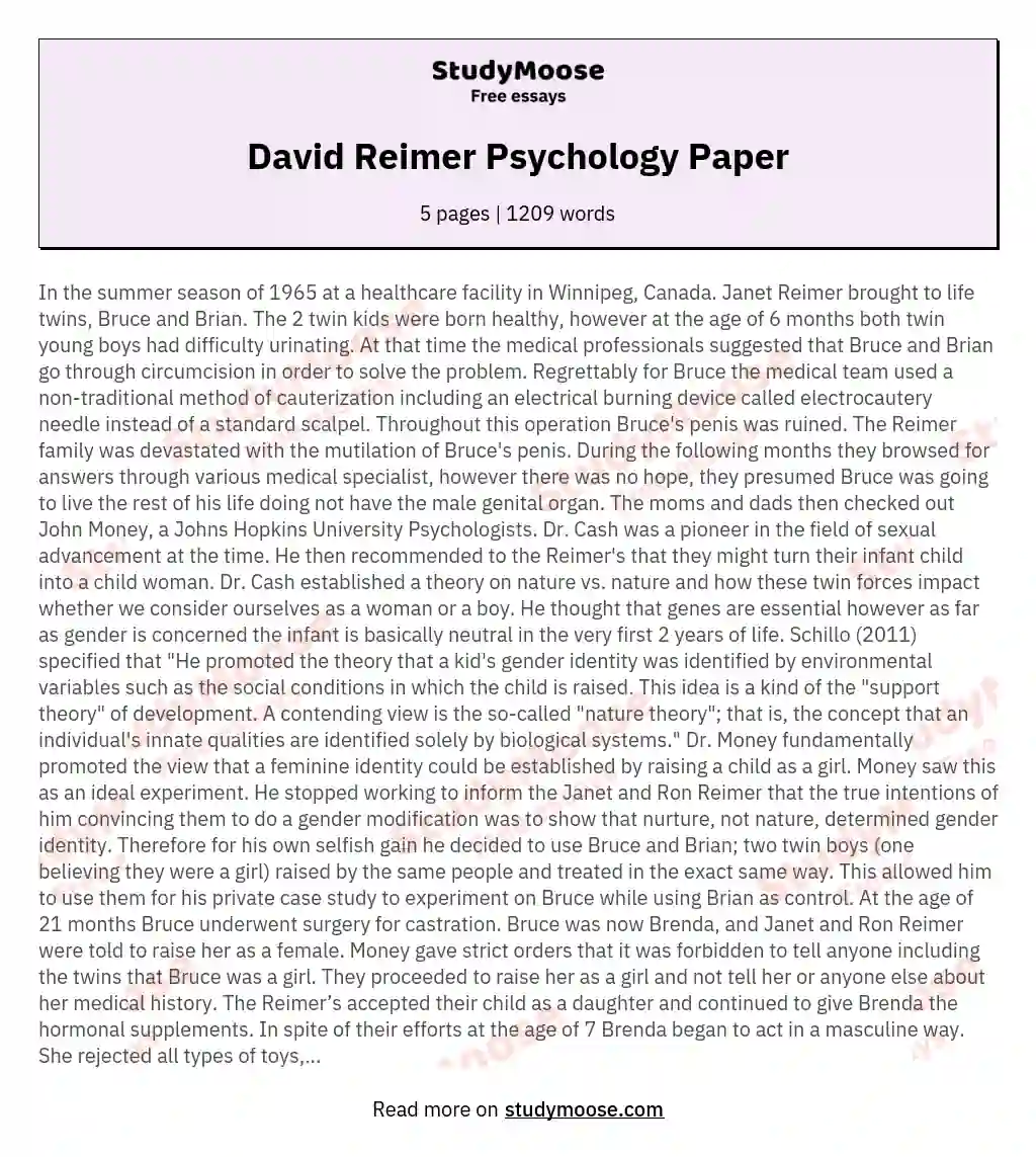 David Reimer Psychology Paper essay