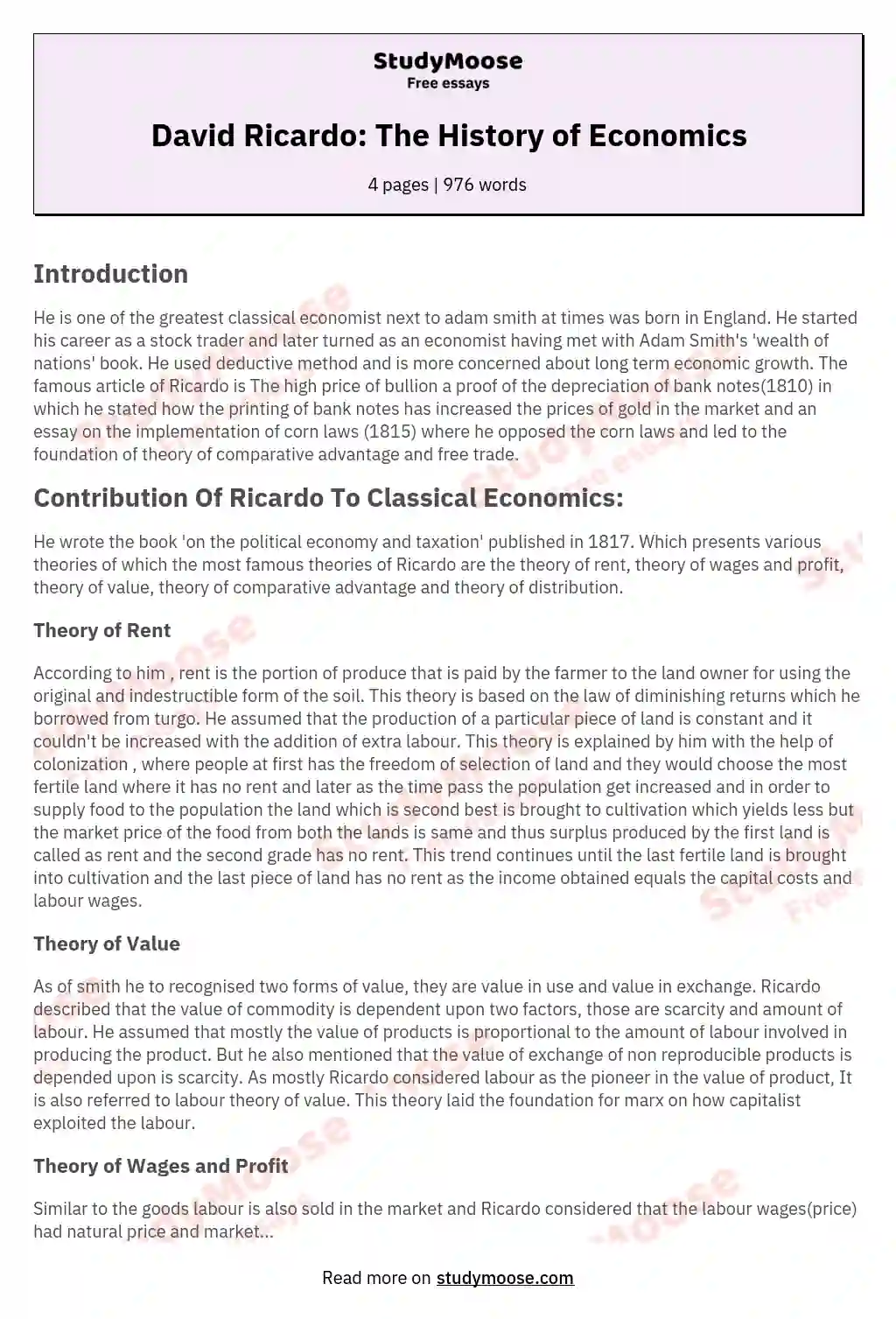 David Ricardo: The History of Economics essay