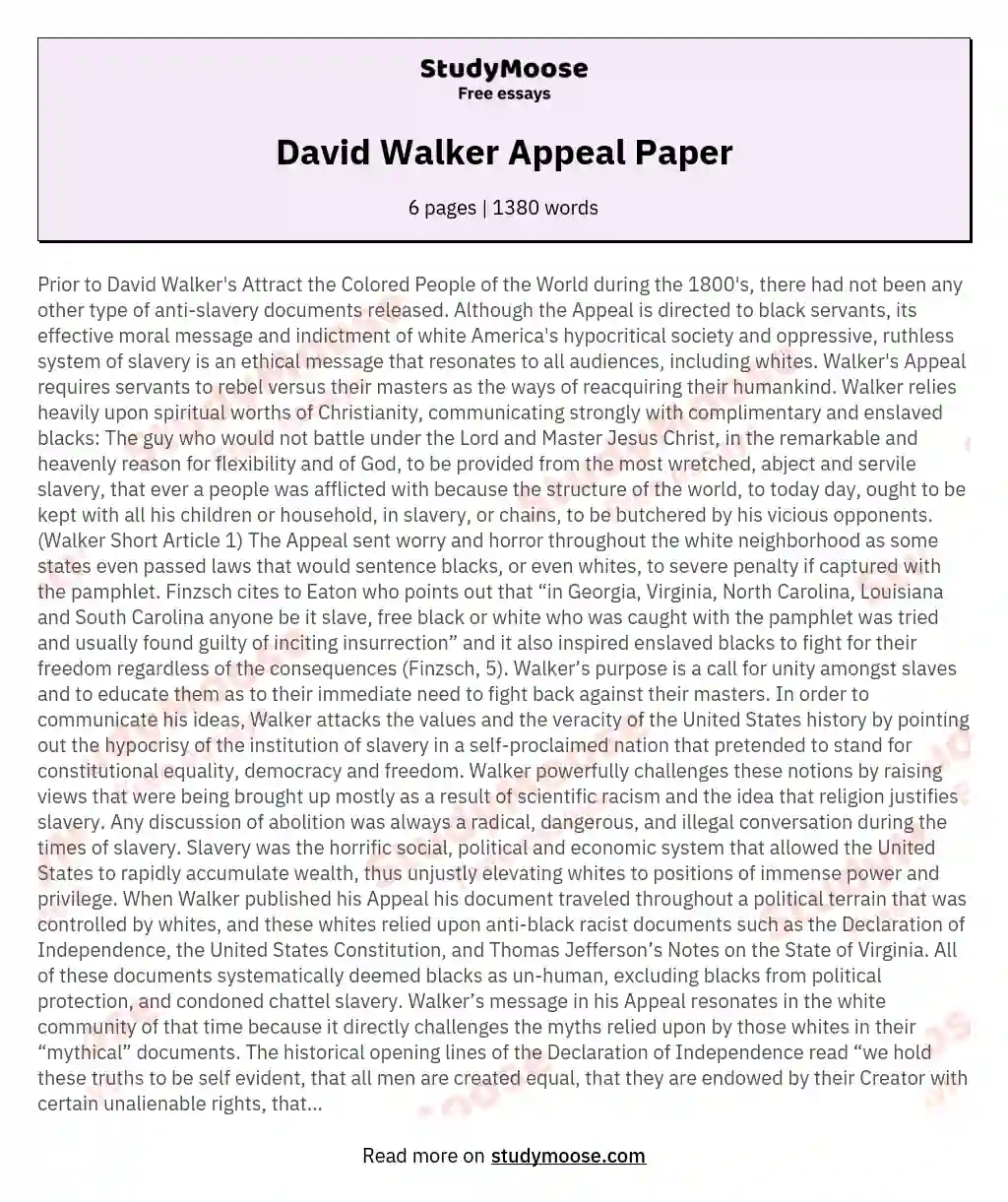 David Walker Appeal Paper essay
