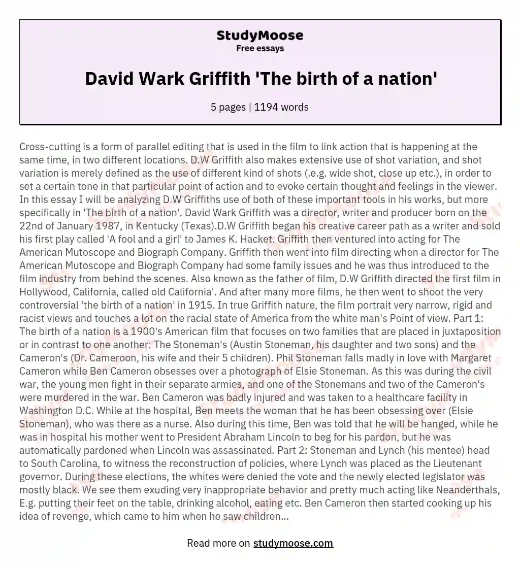 David Wark Griffith 'The birth of a nation' essay