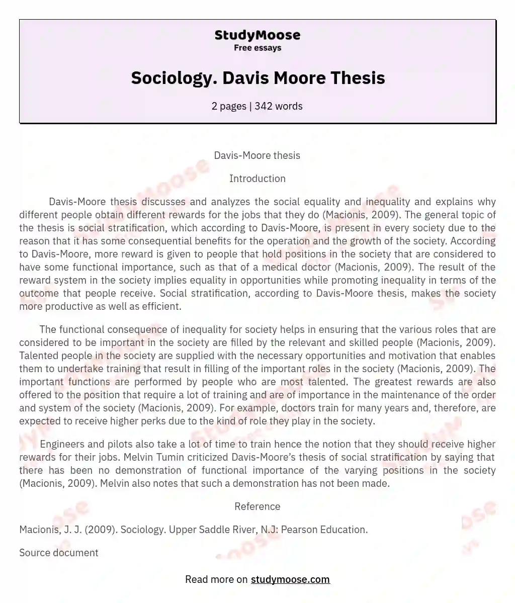 Sociology. Davis Moore Thesis essay