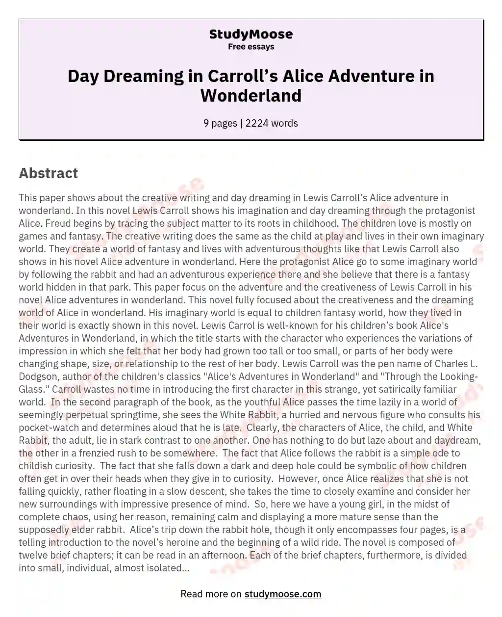 Day Dreaming in Carroll’s Alice Adventure in Wonderland