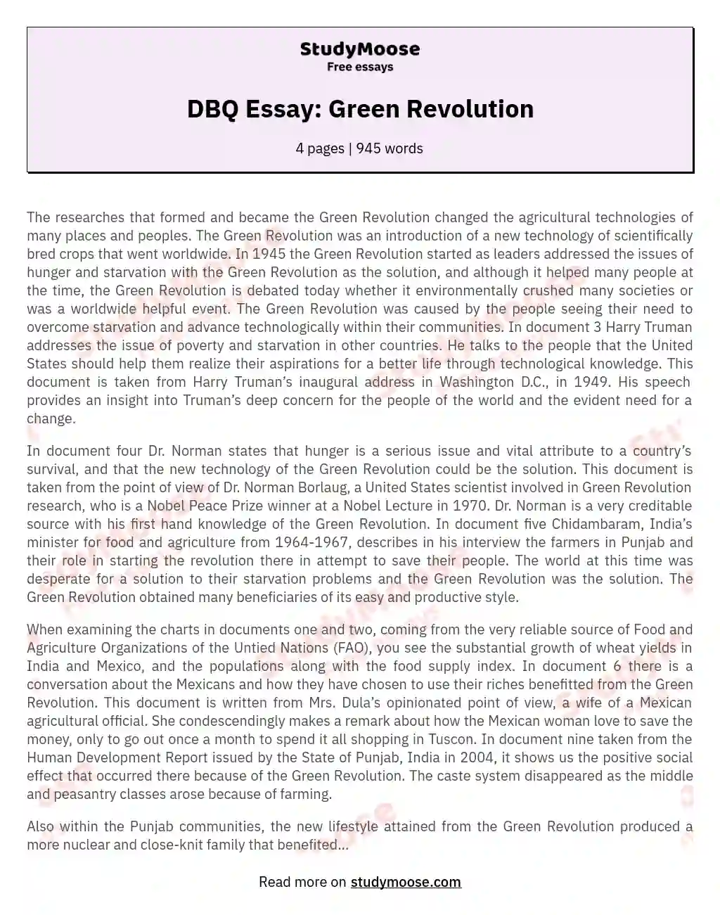 DBQ Essay: Green Revolution essay