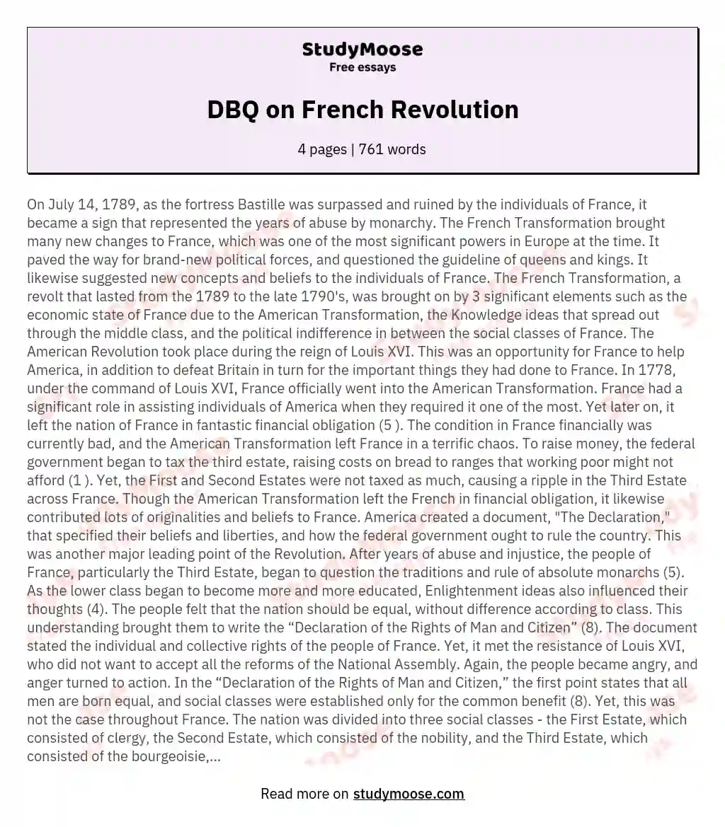 DBQ on French Revolution Free Essay Example