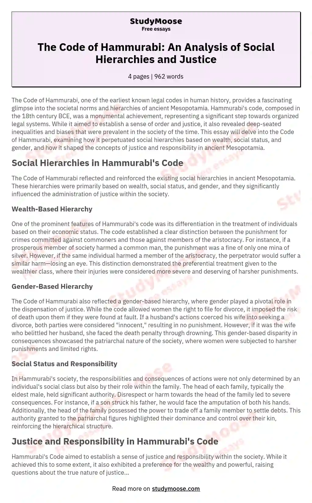 The Code of Hammurabi: An Analysis of Social Hierarchies and Justice essay