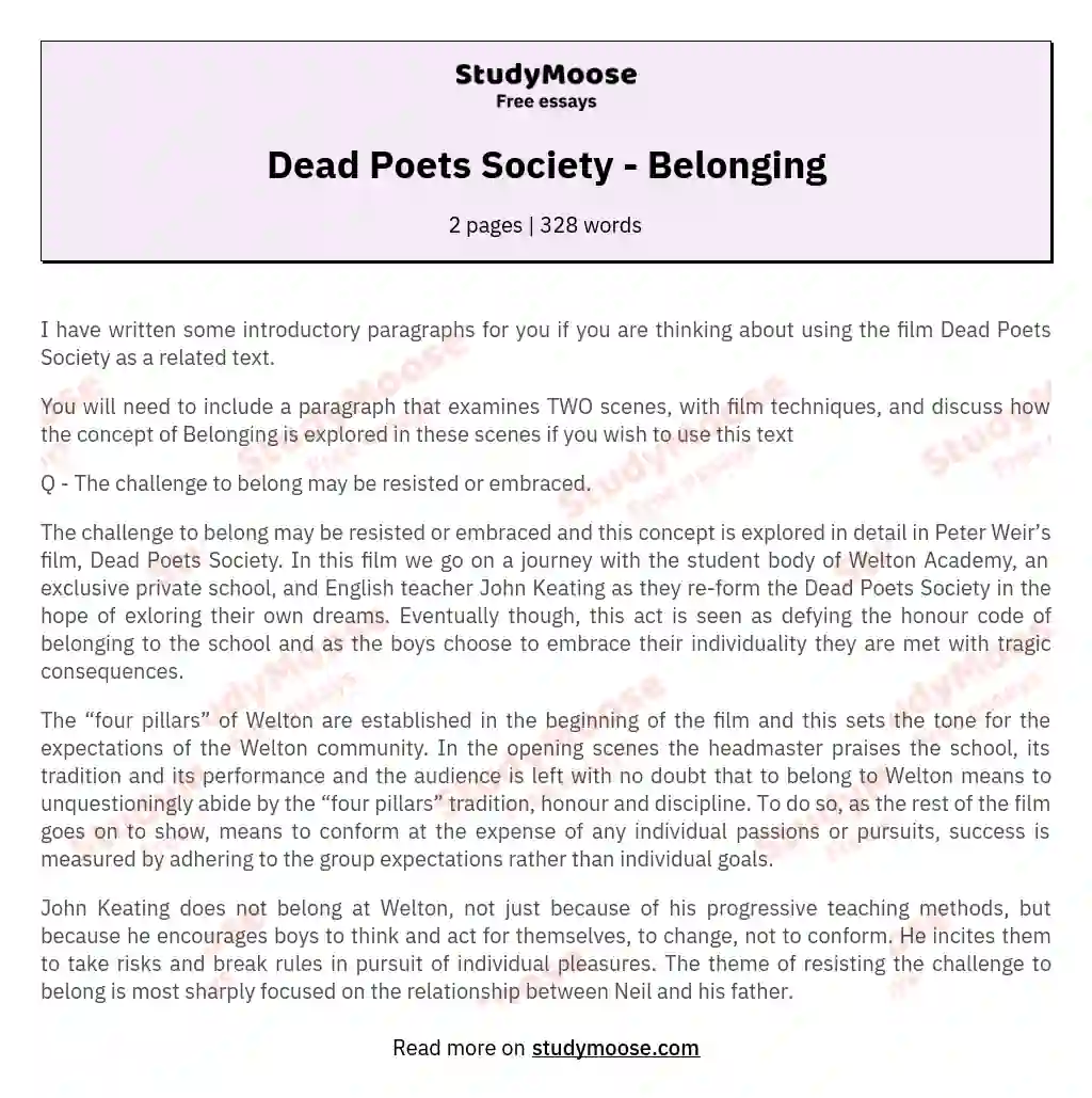 Dead Poets Society - Belonging essay