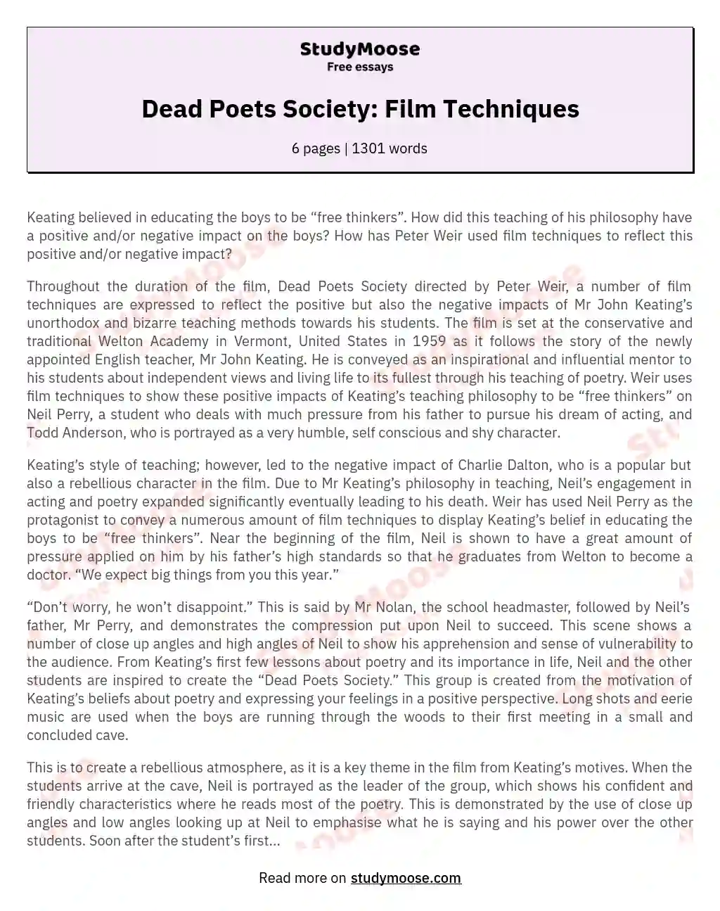 dead poets society film techniques essay
