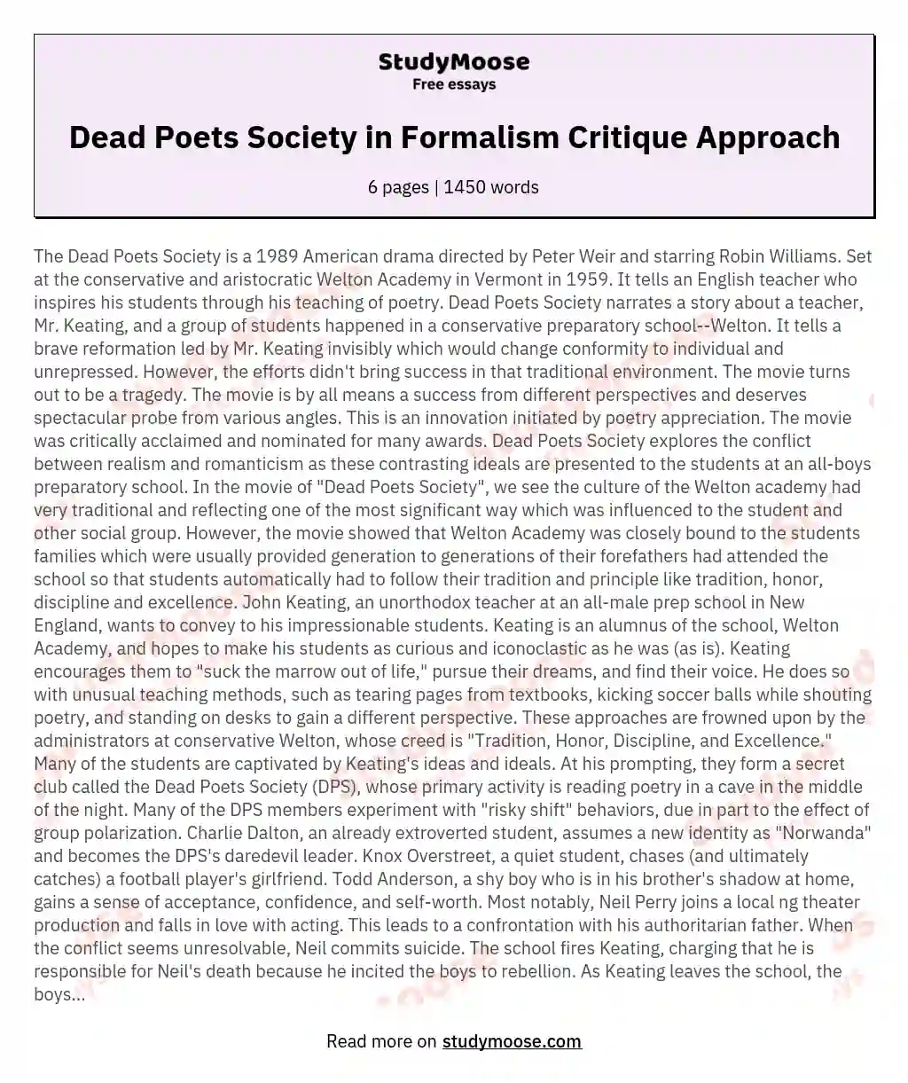 Dead Poets Society in Formalism Critique Approach essay