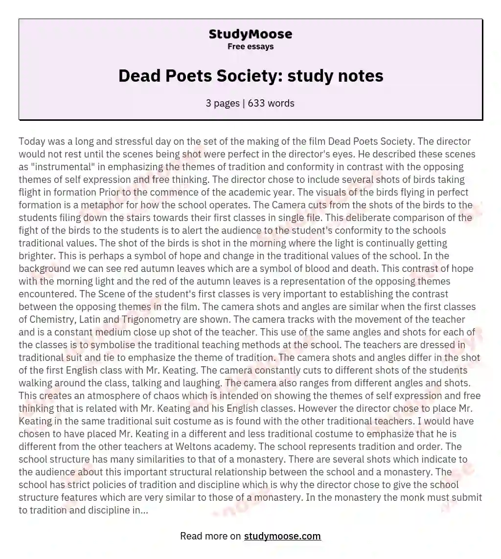 Dead Poets Society: study notes essay