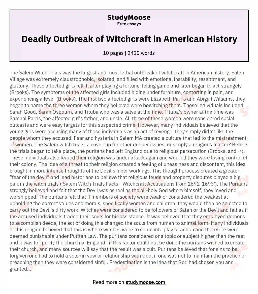 Deadly Outbreak of Witchcraft in American History essay