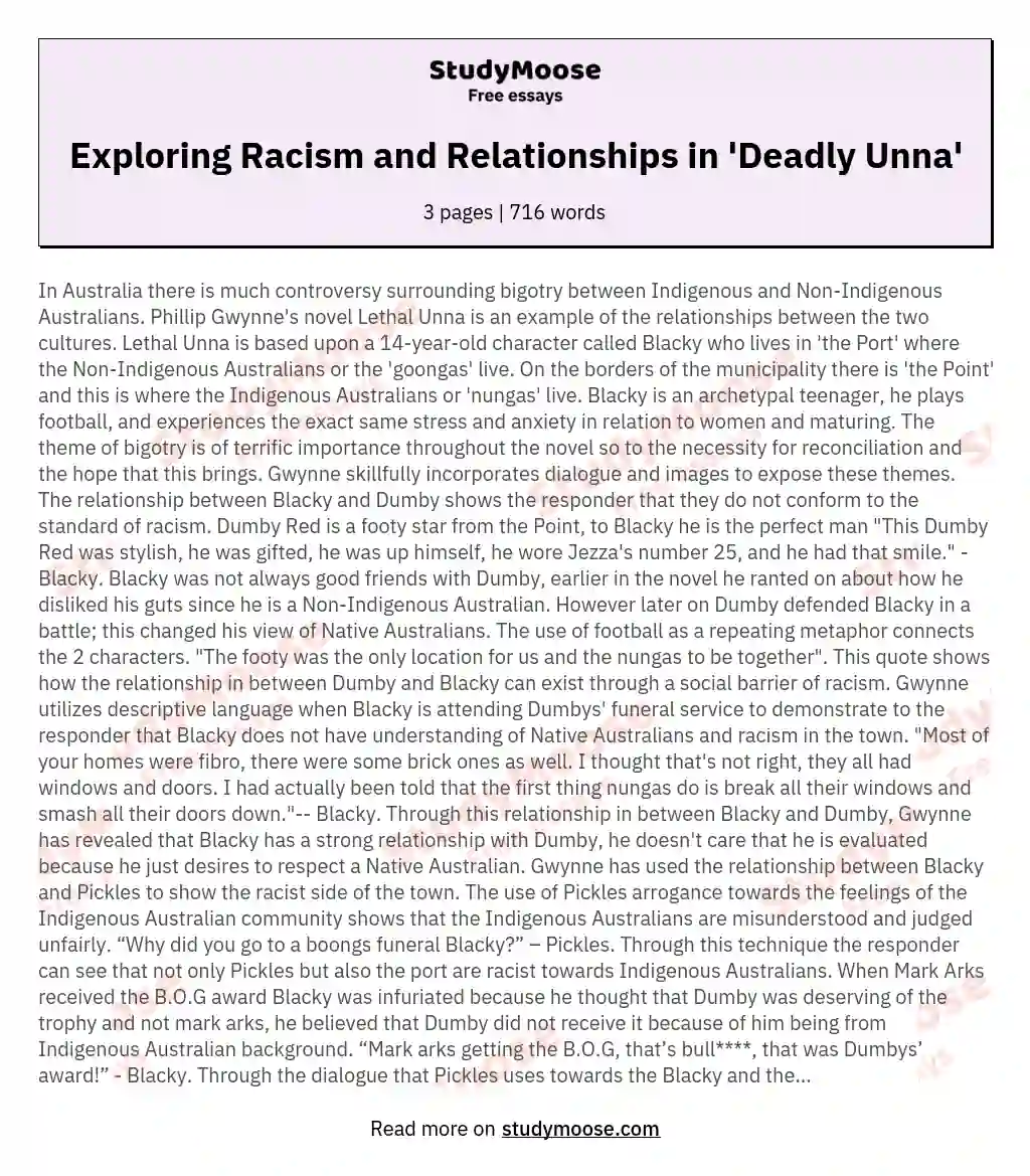 Exploring Racism and Relationships in 'Deadly Unna' essay