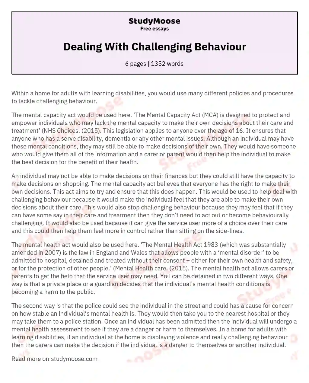 Dealing With Challenging Behaviour essay
