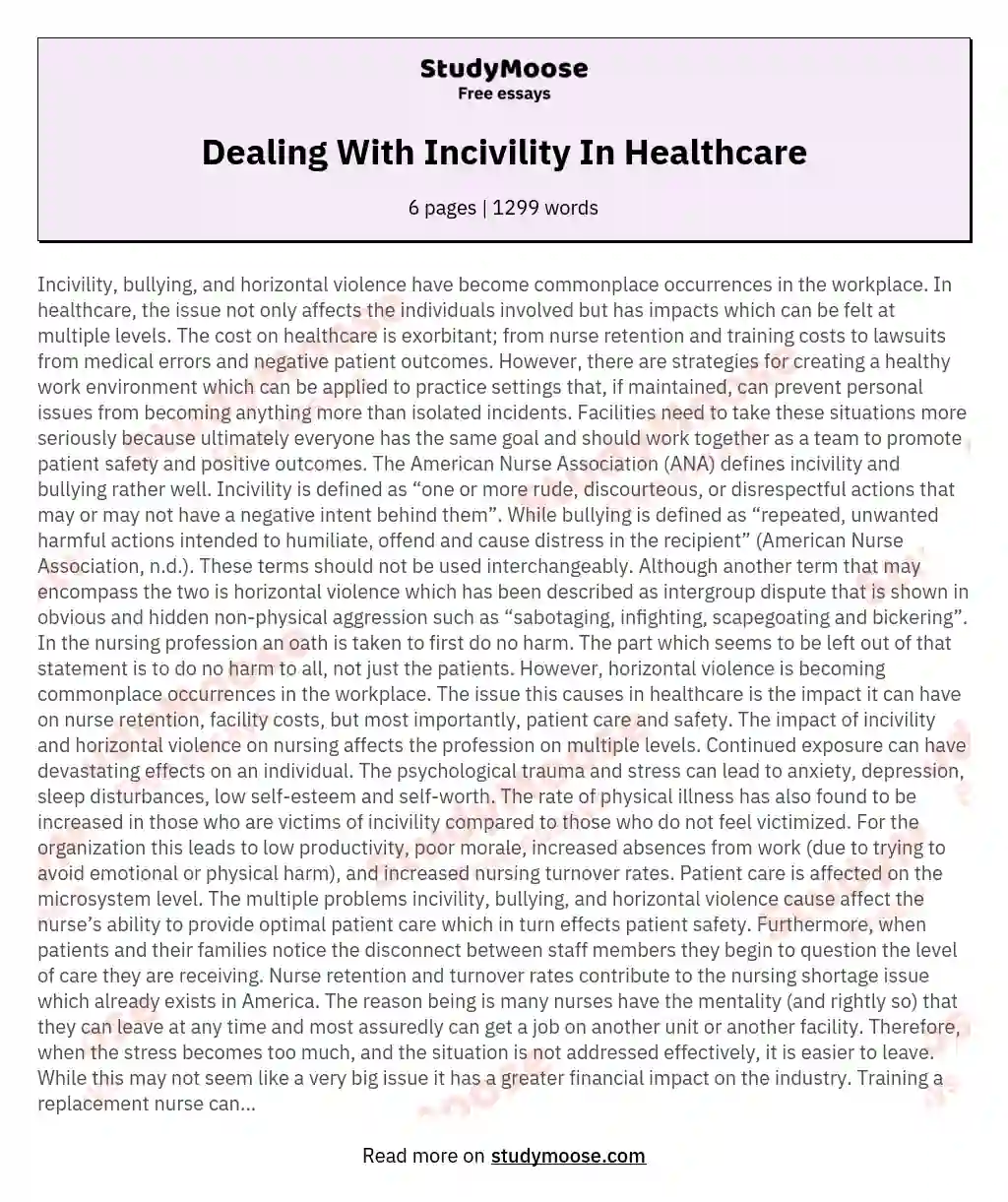 Dealing With Incivility In Healthcare essay