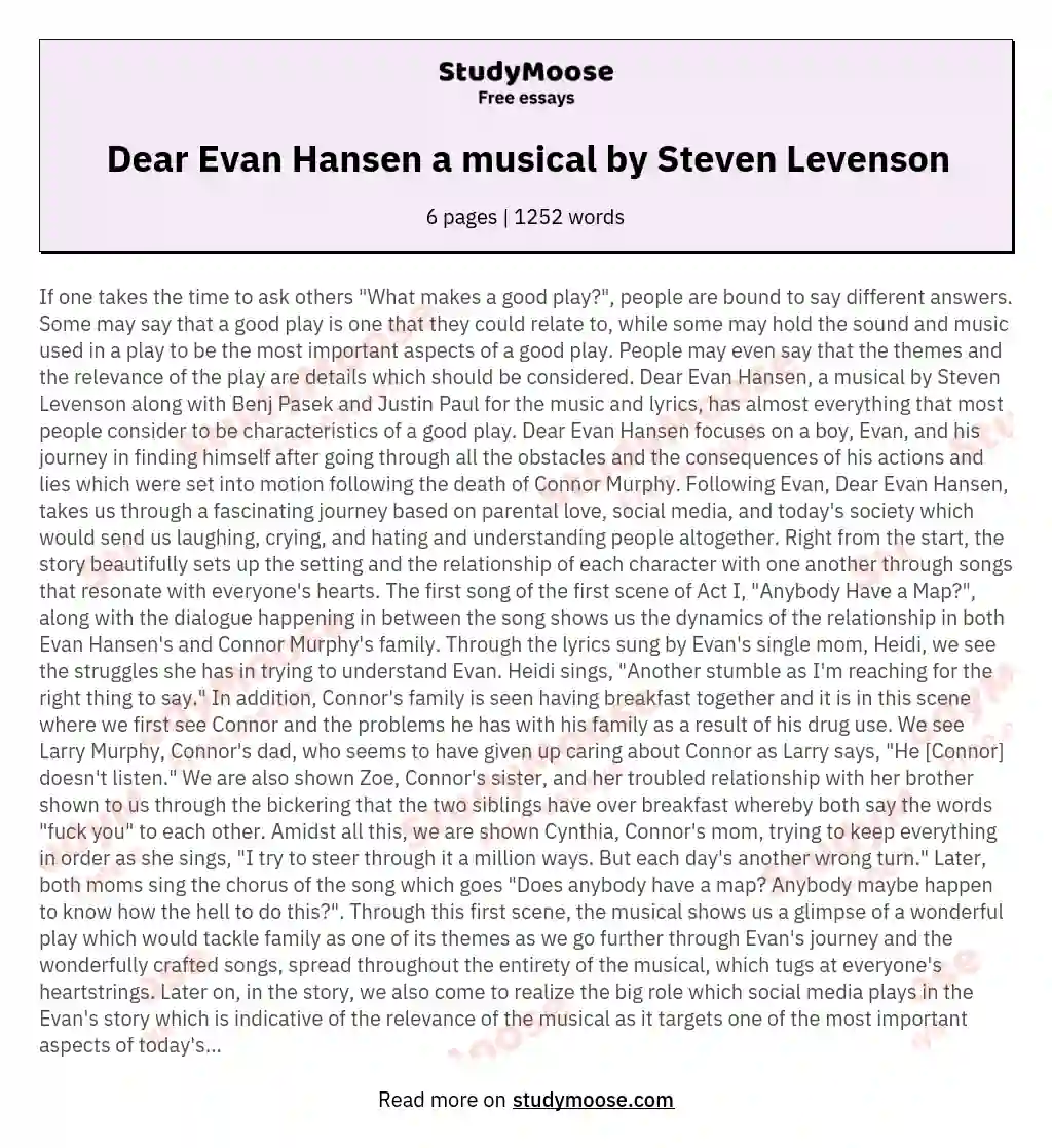 Dear Evan Hansen a musical by Steven Levenson essay