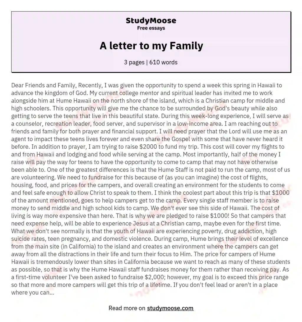 A letter to my Family essay
