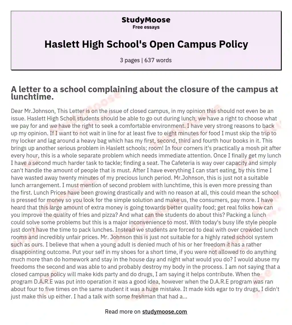 Haslett High School's Open Campus Policy essay