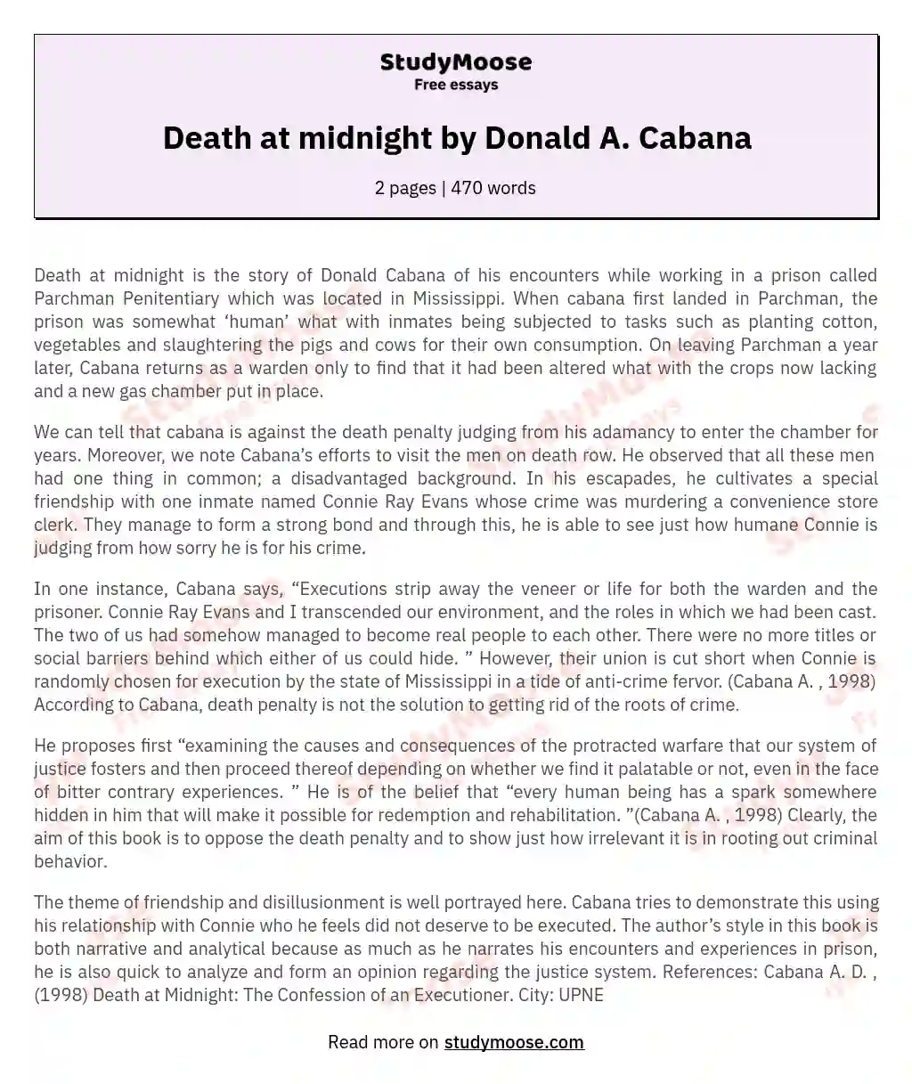 Death at midnight by Donald A. Cabana essay