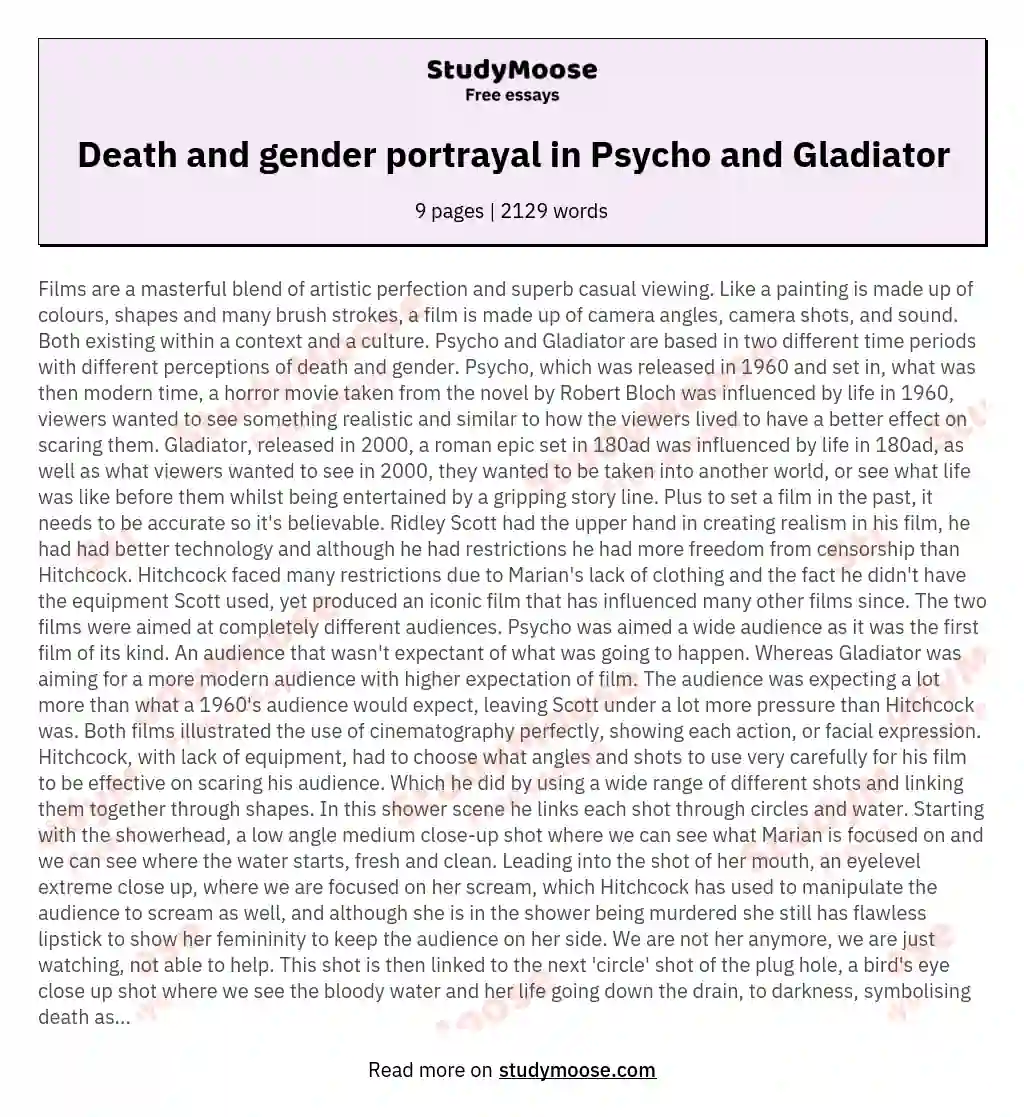 Death and gender portrayal in Psycho and Gladiator essay